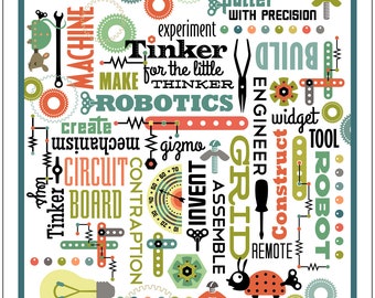 16 x 20 STEM Poster Theme: Words representing science, technology, engineering and robotics, Let's tinker, create, imagine, build and play!