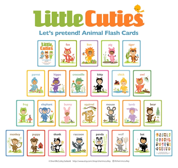 PDF Printable Animal Cards, Let's Pretend Animal Card Set, 24 Animal Flash Cards of Children in Animal Costumes, Preschool Animal Cards