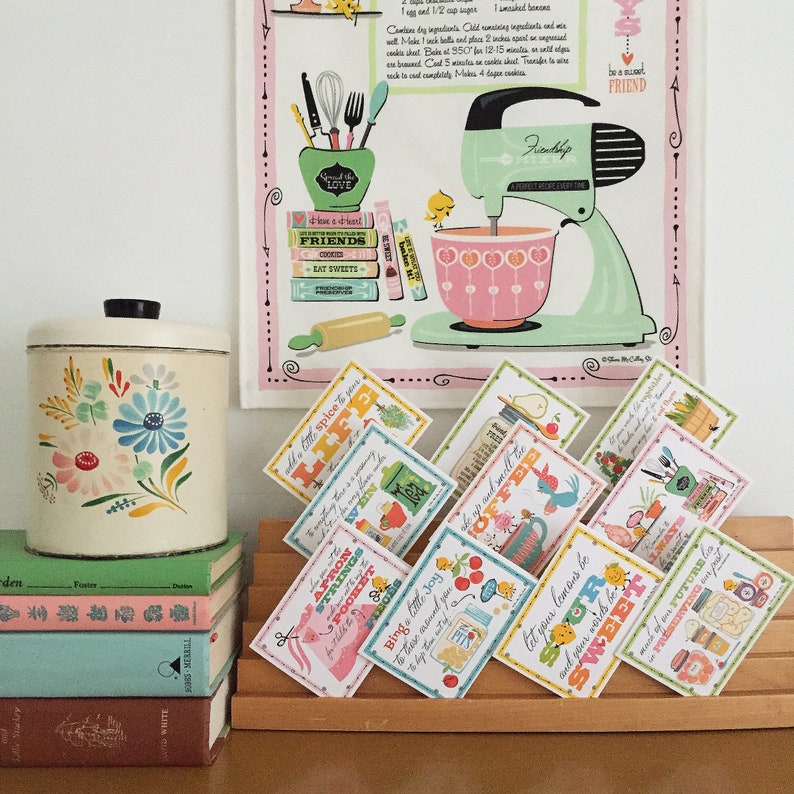 May include: A set of ten colourful printable cards with vintage-inspired illustrations and text. The cards feature phrases like "Add a little spice to your life" and "Let your lemons be sour and your words be sweet".