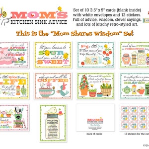 May include: Set of 10 blank 3.5 x 5 inch cards with white envelopes and 12 stickers. The cards feature retro-style illustrations and sayings about life, love, and friendship. The text on the cards includes phrases like "Let your lemons be sour and your words be sweet" and "Add a little spice to your life".