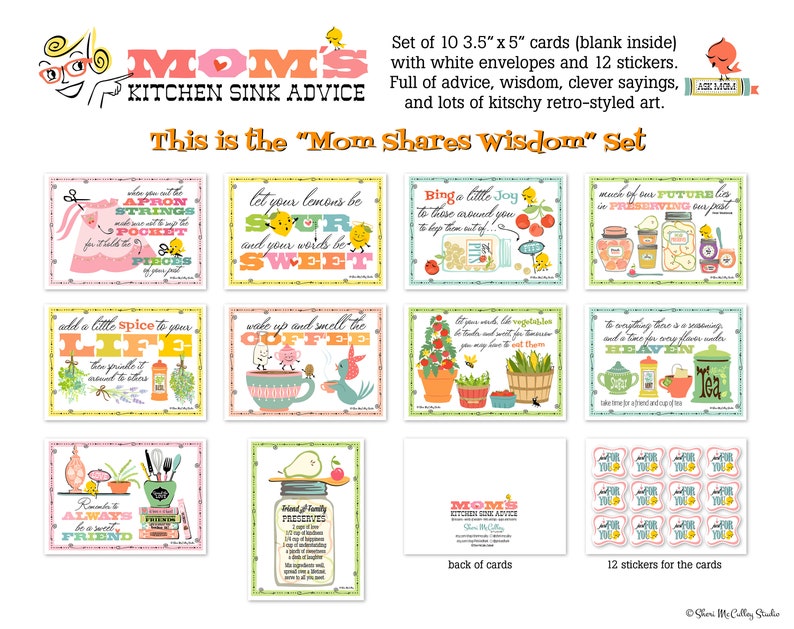 May include: Set of 10 blank 3.5 x 5 inch cards with white envelopes and 12 stickers. The cards feature retro-style illustrations and sayings about life, love, and friendship. The text on the cards includes phrases like "Let your lemons be sour and your words be sweet" and "Add a little spice to your life".