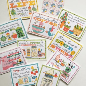 May include: A set of 10 colourful illustrated cards with inspirational quotes and sayings. The cards feature a variety of themes, including cooking, gardening, and friendship. The cards are perfect for adding a touch of whimsy and encouragement to any home.