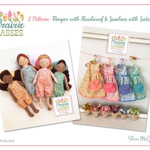 Prairie Lasses 2 Patterns: Strampler mit Kopftuch AND Sommerkleid mit Schulranzen — 2 PDF-Muster für eine 12-Zoll-Puppe