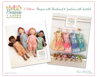 Prairie Lasses 2 PDF Patterns: Romper, Headscarf AND Sundress, Satchel for 12" doll