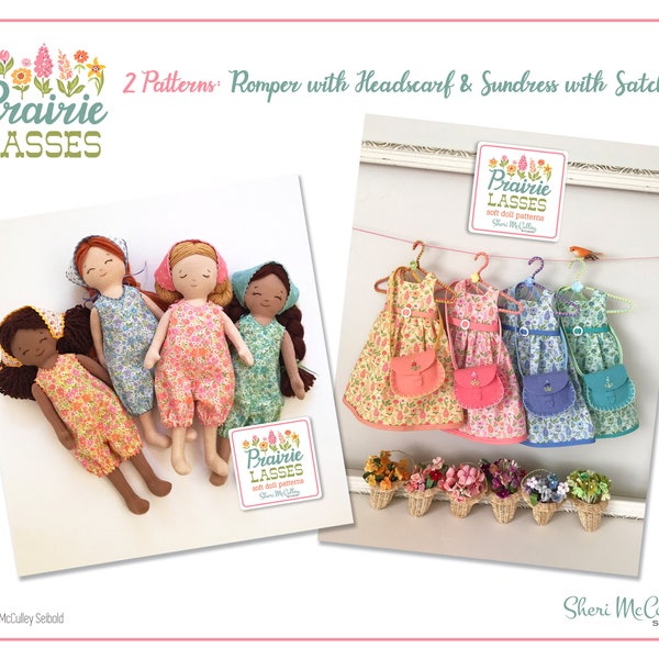 Prairie Lasses 2 Patterns: Romper with Headscarf AND Sundress with Satchel — 2 PDF patterns for 12" doll