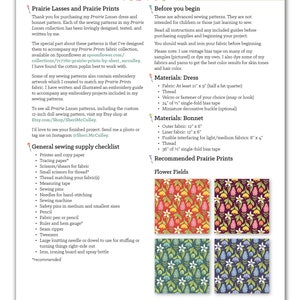 May include: A sewing pattern for a Prairie Lasses dress and bonnet. The pattern includes instructions for sewing a dress and bonnet, as well as a list of materials needed. The pattern also includes a list of recommended Prairie Prints fabrics, which are shown in the image. The fabrics are floral patterns in red, orange, yellow, green, blue, and purple.