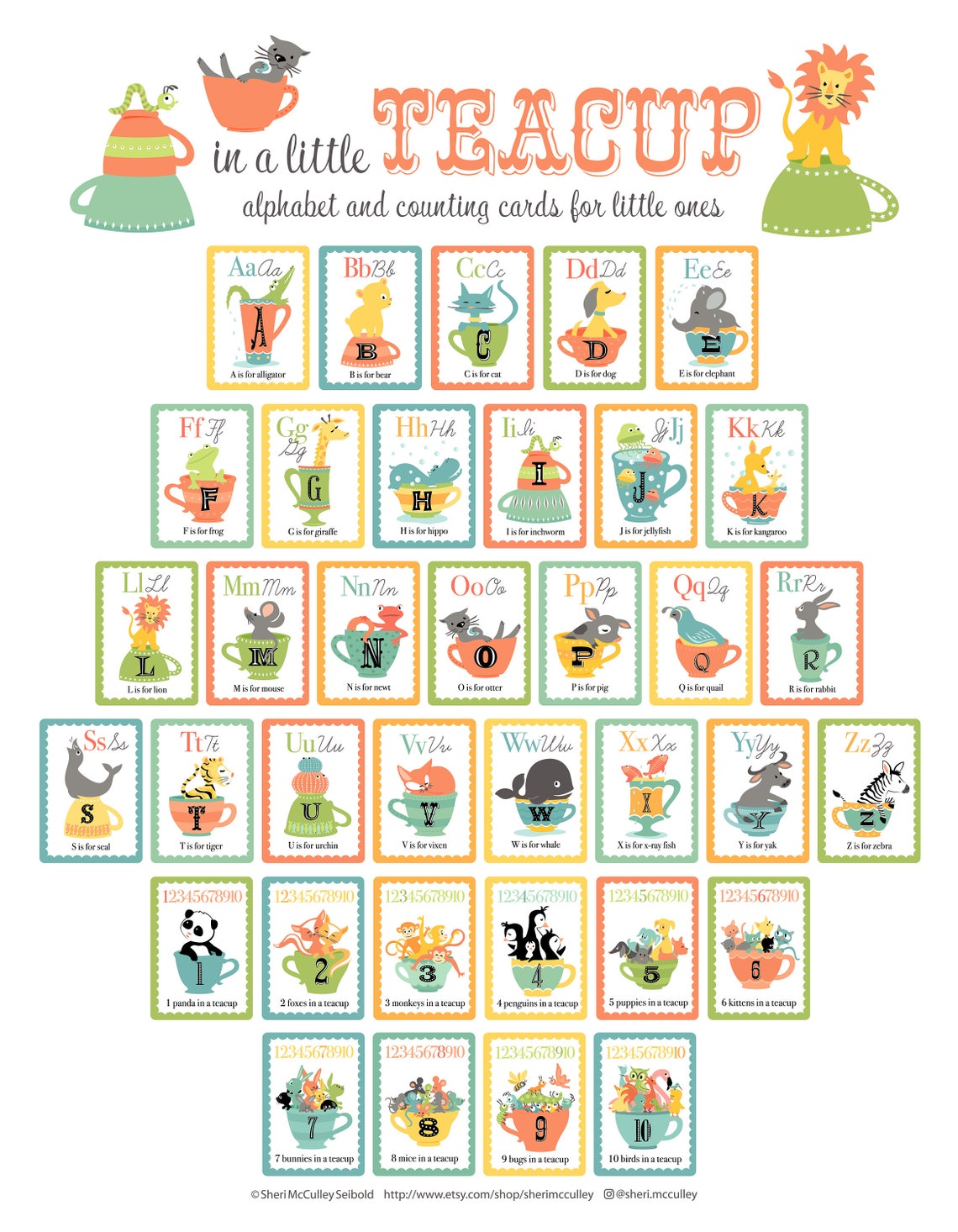 PDF Printable Teacup Animal Alphabet and Counting Card Set - Etsy
