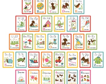 Może przedstawiać: Zestaw kolorowych kart alfabetu i liczenia dla dzieci. Każda karta zawiera literę alfabetu i odpowiadającą jej ilustrację, a także liczby od 1 do 10 i pasujący obrazek. Karty są zaprojektowane w zabawny i edukacyjny sposób.