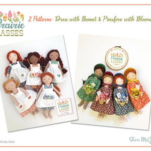 May include: A set of six handmade dolls dressed in vintage-inspired prairie dresses with bonnets and pinafores. The dolls are holding small baskets of flowers. The image includes the text "Prairie Lasses" in a floral wreath.
