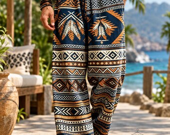 Men's Aztec Geometric Wide Leg Trousers, Boho Tribal Summer Pants