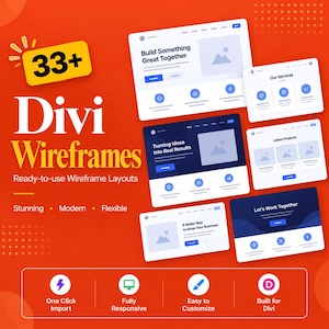 May include: A digital graphic featuring the text 33+ Divi Wireframes Ready-to-use Wireframe Layouts on an orange background. It displays multiple website wireframe templates with blue and white elements, alongside four icons for import, responsiveness, customization, and Divi compatibility.