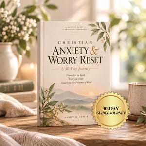 Może przedstawiać: Książka pod tytułem Christian Anxiety & Worry Reset: A 30-Day Journey autorstwa Aarona M. Lewisa. Okładka przedstawia ilustrację gór o wschodzie słońca, zielone liście i tekst. Złota pieczęć zawiera napis 30-Day Guided Journey.