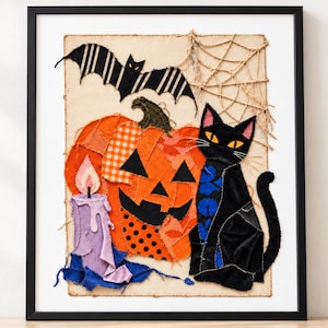 Fabric Collage Halloween Poster: Black Cat, Patchwork Pumpkin, Bat, Candle (Digital Download)