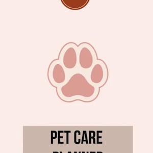 May include: A digital pet care planner cover featuring a light pink background, a central pink paw print icon with a white outline, and a dark red circular logo at the top containing the white letters SP. The text PET CARE PLANNER is centred.