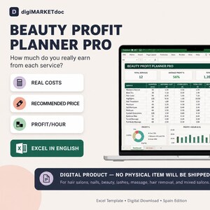 Puede incluir: Una plantilla digital de Excel Beauty Profit Planner Pro mostrada en la pantalla de un portátil. La interfaz muestra datos de servicios, incluyendo duración, costes de materiales, precios recomendados y márgenes de beneficio. El texto incluye 'REAL COSTS', 'RECOMMENDED PRICE', 'PROFIT/HOUR' y 'EXCEL IN ENGLISH'.