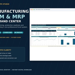 以下が含まれることがあります： Microsoft Excel用のManufacturing BOM & MRP Command Centerというタイトルのデジタルダッシュボード。インターフェースには、資材計画、生産準備、製品原価分析のためのデータテーブル、棒グラフ、折れ線グラフが表示されています。