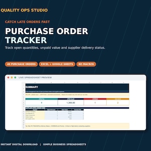 May include: A digital purchase order tracker spreadsheet template with a dark blue background. Text includes QUALITY OPS STUDIO, CATCH LATE ORDERS FAST, PURCHASE ORDER TRACKER, 40 PURCHASE ORDERS, EXCEL + GOOGLE SHEETS, NO MACROS, and LIVE SPREADSHEET PREVIEW.