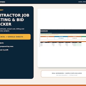 May include: A digital spreadsheet template for contractor job costing and bid tracking. The dark blue interface displays project metrics, including estimate, actual cost, billing, and profit. It is compatible with Excel and Google Sheets.