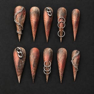 Copper Cat Eye Press On Nails, Extra Long Stiletto Nail Set with Silver Tone Chains and Rings, Gothic Statement Manicure for Parties