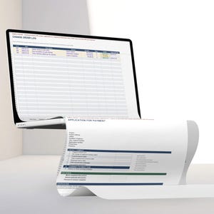 May include: A laptop displaying a Change Order Log spreadsheet on its screen, with a long, continuous sheet of paper extending from the keyboard area featuring an Application for Payment form with blue and white headers and structured data fields.