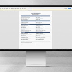 May include: A computer monitor displaying a digital document titled Account Credit Information. The document features a structured layout with dark blue headers, organized columns of text, contact details, and company names on a white background.