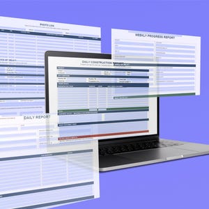 May include: A black laptop displaying a Daily Construction Report form on its screen, surrounded by floating translucent document templates including a Photo Log, Weekly Progress Report, Notice of Delay, and a Daily Report form on a purple background.
