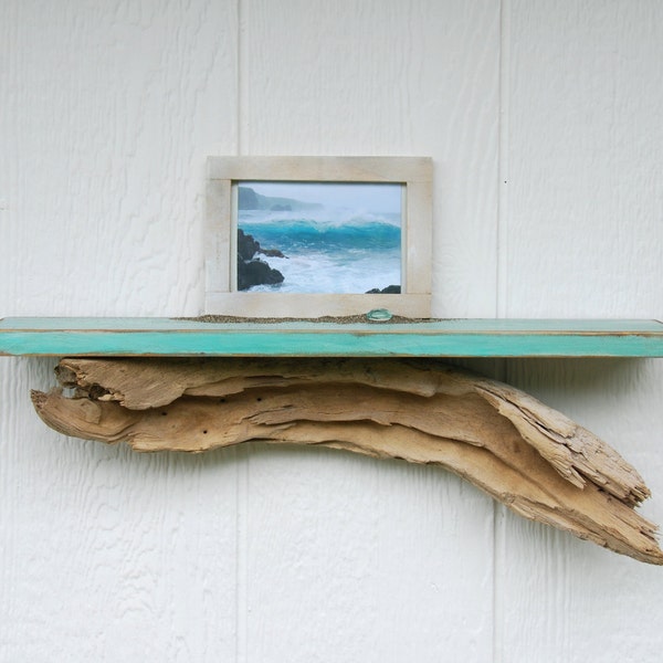 distressed driftwood shelf - 24" teal beach shelf with reclaimed wood shelf and driftwood accent