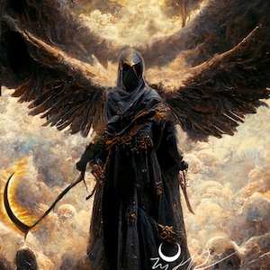 May include: A dark figure with large wings stands in a cloudy sky, holding a golden scythe. The figure is wearing a black hooded robe and has a golden face mask. The sky is filled with clouds and a faint light shines through them.