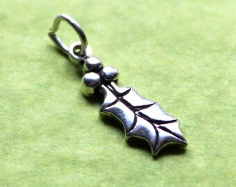 Holly Leaf Charm, Sterling Silver, Holly Berries, Christmas Charm - 15x6mm