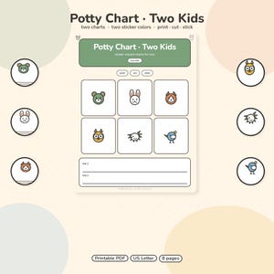 May include: A printable potty chart for two kids featuring animal icons including a bear, rabbit, and bird. The document includes sections for two children, sticker reward spaces, and text labels reading Potty Chart Two Kids, print, cut, and stick.