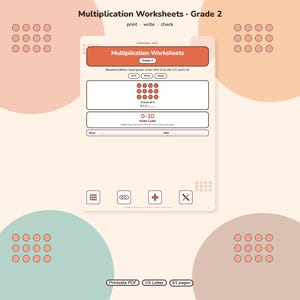 Puede incluir: Un paquete de hojas de trabajo de multiplicación de segundo grado con el encabezado Multiplication Worksheets, Grade 2, print, write, check. La página incluye un problema matemático con una matriz de doce círculos, 3 rows of 4, y 3x4=.