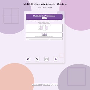 May include: A Grade 4 multiplication worksheet printable pack featuring a purple header with the text Multiplication Worksheets, Grade 4. The page includes an area model math problem, a name and date line, and icons for print, write, and check.