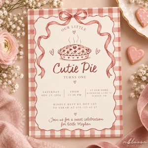 Cutie Pie Birthday Invitation Fall Birthday Invite Template Editable Gingham First One Party Canva
