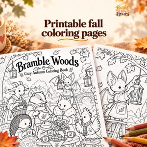 Bramble Woods Cozy Autumn printable coloring cover and a cropped bat-and-lantern coloring page on a warm tabletop with colored pencils. Headline: Printable fall coloring pages