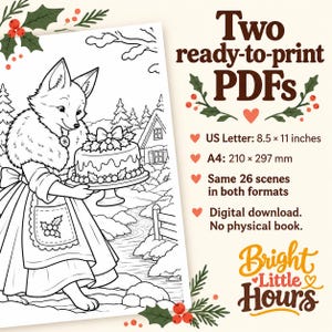 Digital Christmas coloring PDF information for US Letter and A4 paper, with a cropped fox illustration. Both formats contain the same 26 scenes; no physical book is shipped.