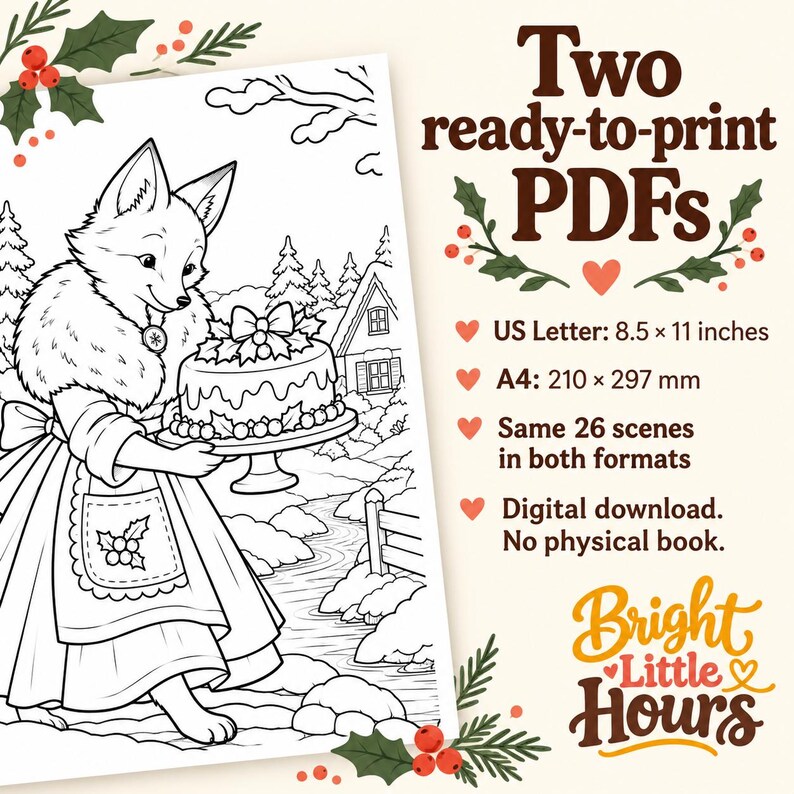 Digital Christmas coloring PDF information for US Letter and A4 paper, with a cropped fox illustration. Both formats contain the same 26 scenes; no physical book is shipped.