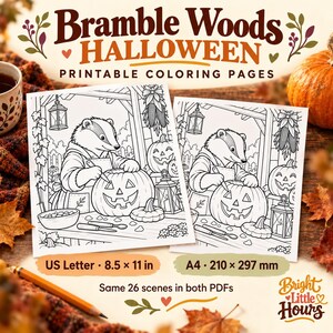 Two cropped prints of a badger carving a pumpkin, labeled US Letter, 8.5 by 11 inches, and A4, 210 by 297 millimeters. Both PDFs contain the same 26 scenes.