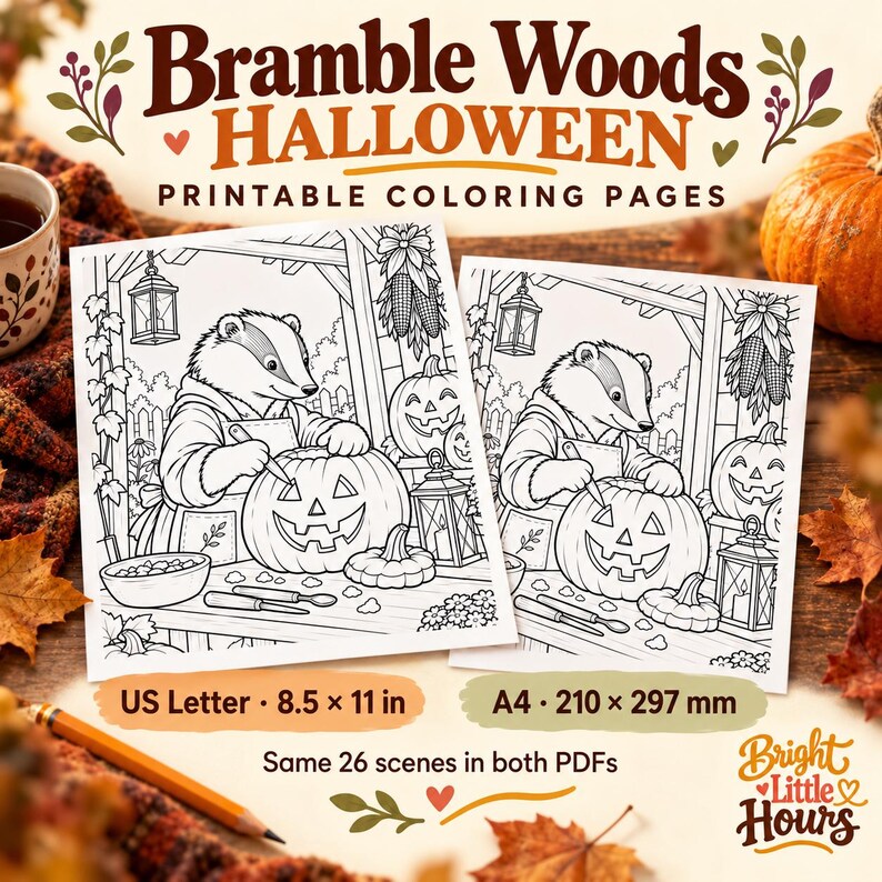 Two cropped prints of a badger carving a pumpkin, labeled US Letter, 8.5 by 11 inches, and A4, 210 by 297 millimeters. Both PDFs contain the same 26 scenes.