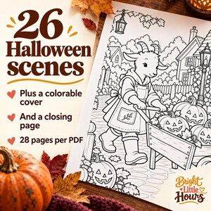 Cropped coloring print of a goat pushing a cart of jack-o'-lanterns through a village. Text explains 26 Halloween scenes, a colorable cover and closing page, totaling 28 pages per PDF.