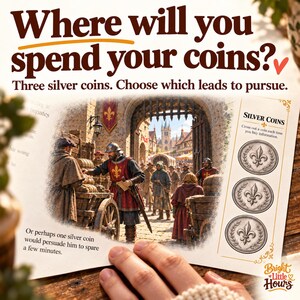 Cropped city-gate artwork and a short story excerpt beside the three-coin tracker. Text explains that players choose which leads to pursue with their silver coins.