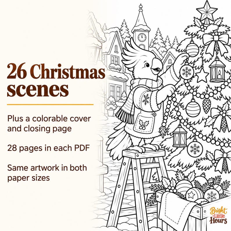 Christmas coloring book contents: 26 woodland scenes plus a colorable cover and closing page, totaling 28 pages in each PDF, beside a cockatoo decorating a tree.