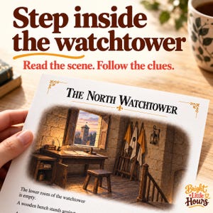 Close-up of a printed North Watchtower page showing a stone room, wooden desk, signal flags and open window. Only part of the page is visible.