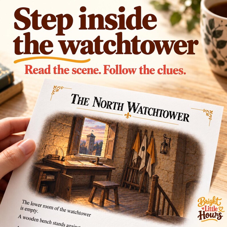 Close-up of a printed North Watchtower page showing a stone room, wooden desk, signal flags and open window. Only part of the page is visible.