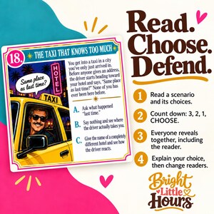 Pink, teal and cream graphic with the taxi scenario beside four steps: read the scenario and choices, count down, reveal answers together, then explain your choice and change readers.