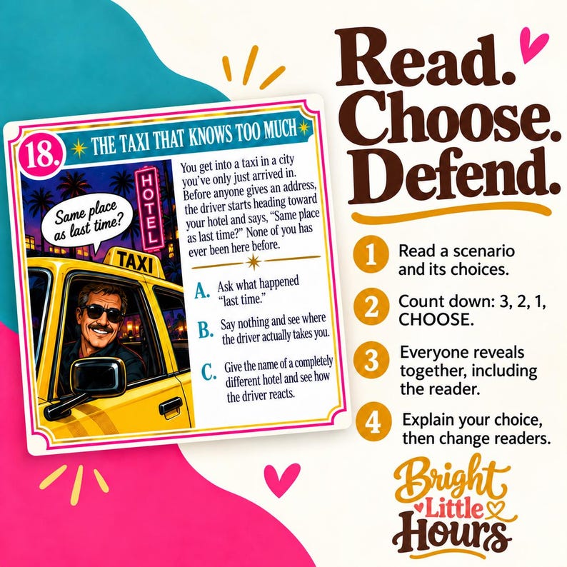 Pink, teal and cream graphic with the taxi scenario beside four steps: read the scenario and choices, count down, reveal answers together, then explain your choice and change readers.