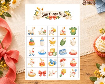 May include: A Silly Goose Bingo game card featuring a grid of twenty-five illustrations of geese and baby-themed items like a bottle, blocks, booties, a pacifier, and a rattle, all decorated with flowers and ribbons in soft pastel colors.