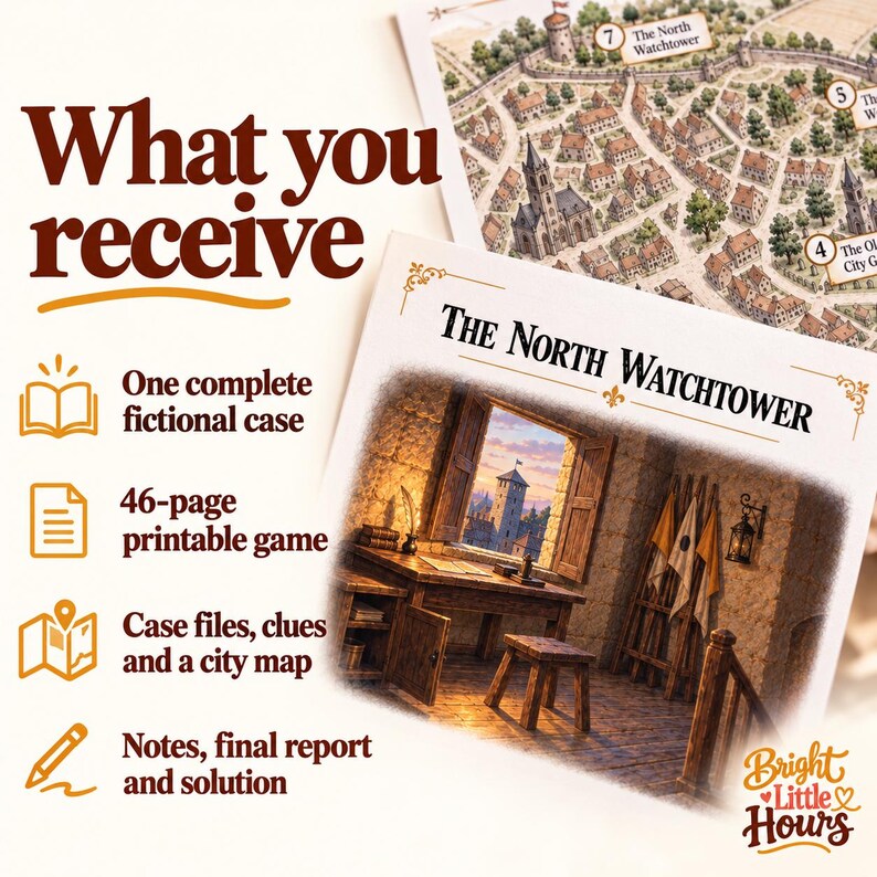 Cropped watchtower artwork and a city map beside a contents list for The Black Monk, including the fictional case, printable pages, case files, notes and solution.