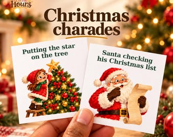 May include: Two square white cards featuring Christmas charades game prompts. One card shows a child placing a star on a decorated tree with the text 'Putting the star on the tree'. The other shows Santa holding a scroll with the text 'Santa checking his Christmas list'.