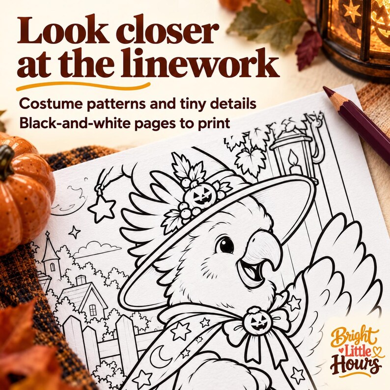 Close-up mockup of a cockatoo coloring illustration showing feathers, a decorated witch hat and a star-patterned cape. Text highlights costume patterns and black-and-white pages to print.