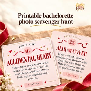 Gra terenowa „Bachelorette” do wydrukowania: 52 karty z wyzwaniem fotograficznym dla panny młodej i jej przyjaciółek